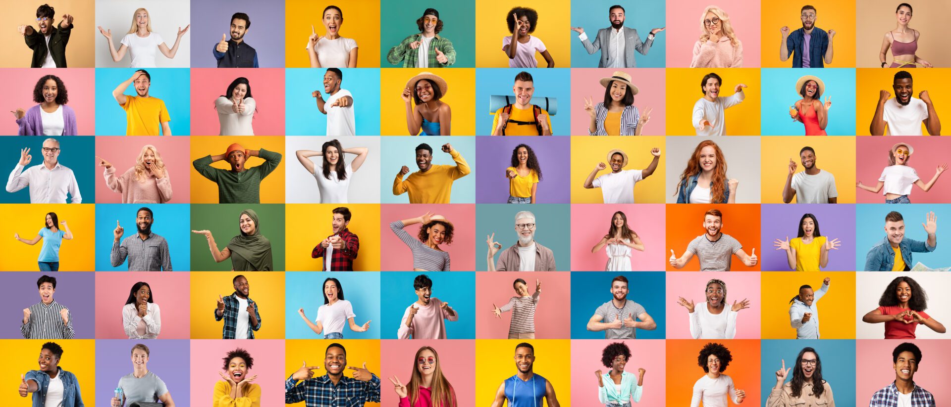 Set Of Happy Excited Multicultural Males And Females Posing Over Bright Backgrounds